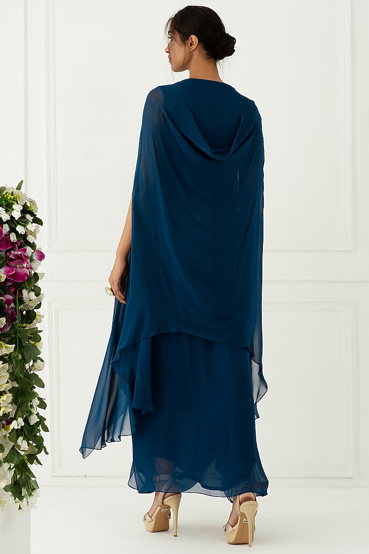 Teal Blue Hand Embroidered Draped Party Wear Gown by Nidhika Shekhar at Pernia's Pop Up Shop