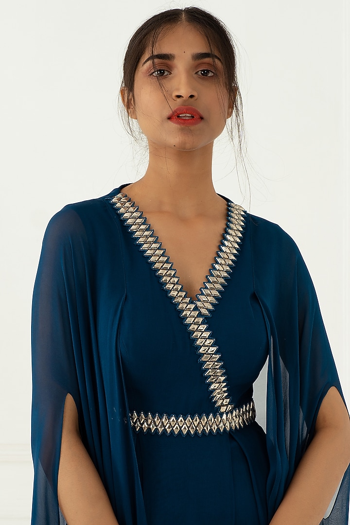 Teal Blue Hand Embroidered Draped Party Wear Gown by Nidhika Shekhar at Pernia's Pop Up Shop