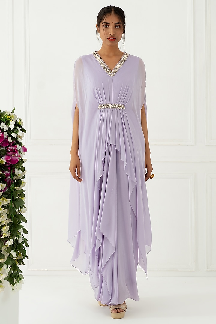 Lilac Hand Embroidered Draped Gown by Nidhika Shekhar