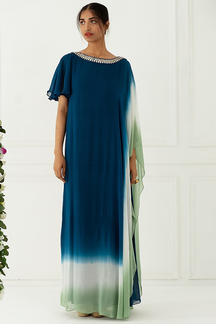 Cobalt Blue Ombre Kaftan Dress by Nidhika Shekhar