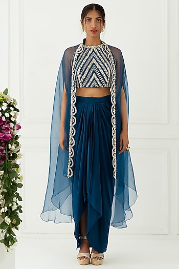 Teal Blue Silk & Crepe Draped Skirt Set by Nidhika Shekhar at Pernia's Pop Up Shop