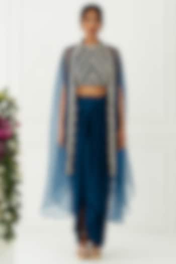Teal Blue Hand Embroidered Draped Skirt Set by Nidhika Shekhar