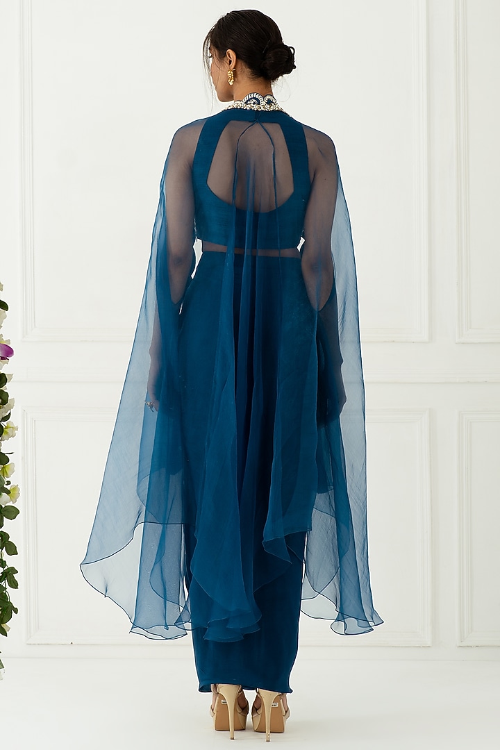 Teal Blue Silk & Crepe Draped Skirt Set by Nidhika Shekhar at Pernia's Pop Up Shop