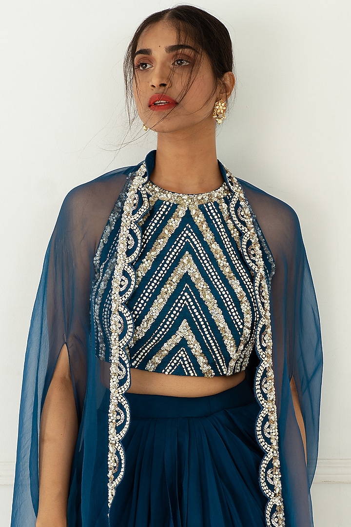 Teal Blue Silk & Crepe Draped Skirt Set by Nidhika Shekhar at Pernia's Pop Up Shop