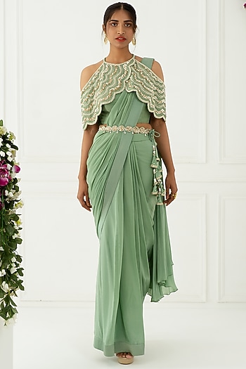 OLive Green Draped Wedding Saree Set by Nidhika Shekhar at Pernia's Pop Up Shop