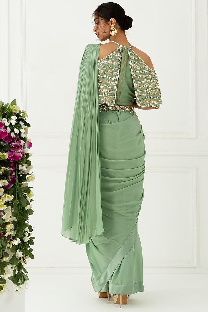 OLive Green Draped Wedding Saree Set by Nidhika Shekhar at Pernia's Pop Up Shop