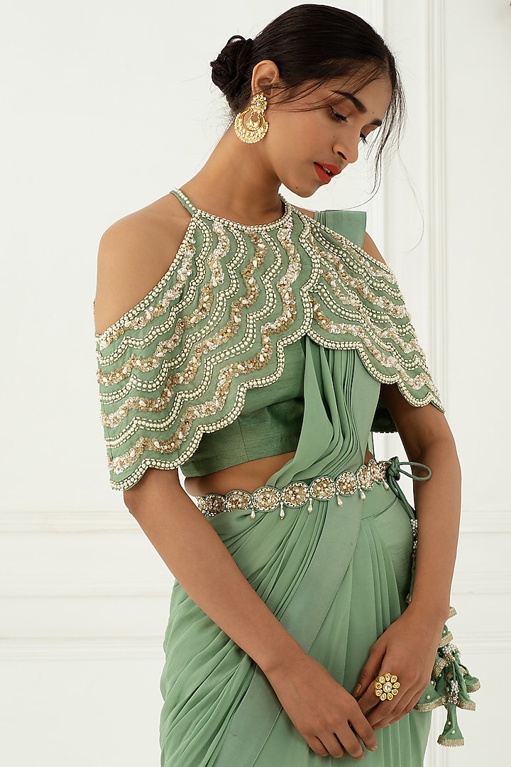OLive Green Draped Wedding Saree Set by Nidhika Shekhar at Pernia's Pop Up Shop