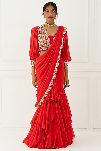 Carrot Pink Hand Embroidered Draped Wedding Saree by Nidhika Shekhar at Pernia's Pop Up Shop