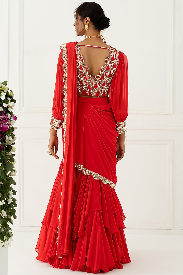 Carrot Pink Hand Embroidered Draped Wedding Saree by Nidhika Shekhar at Pernia's Pop Up Shop