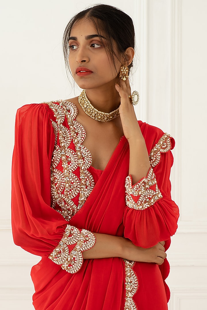 Carrot Pink Hand Embroidered Draped Wedding Saree by Nidhika Shekhar at Pernia's Pop Up Shop