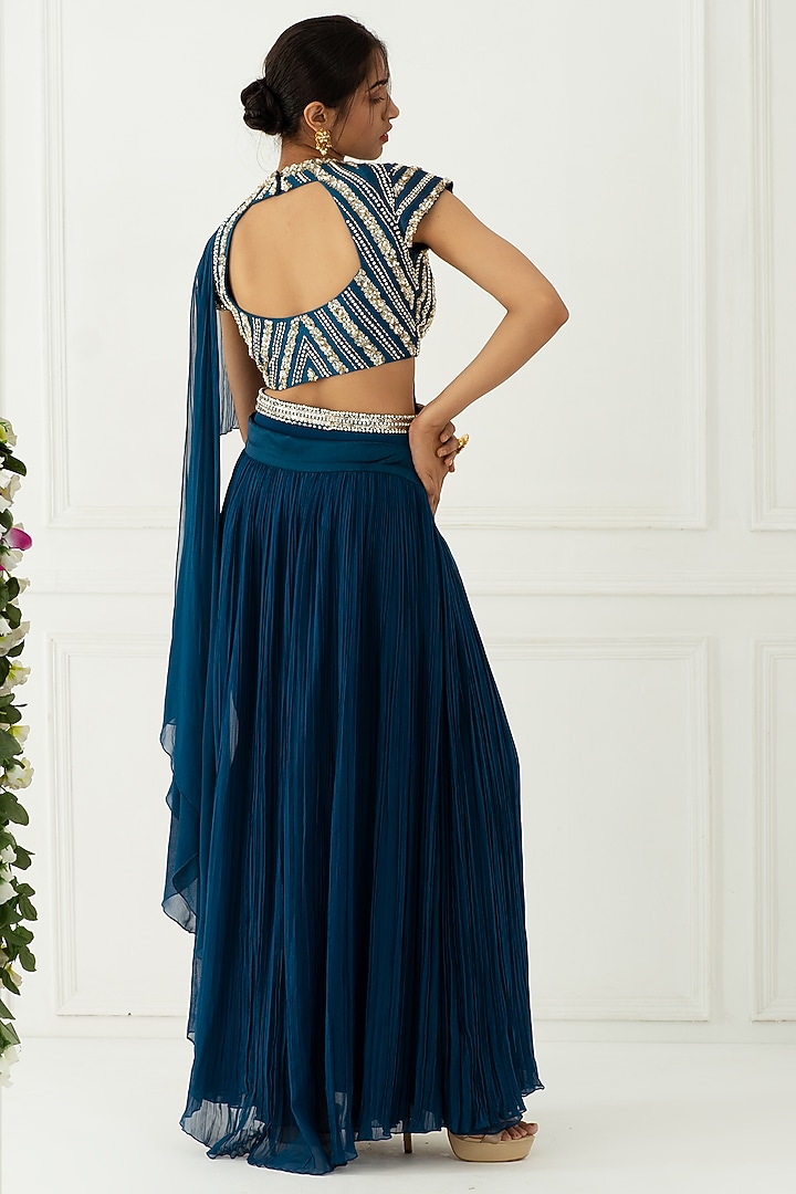 Teal Blue Draped Wedding Saree Set by Nidhika Shekhar at Pernia's Pop Up Shop