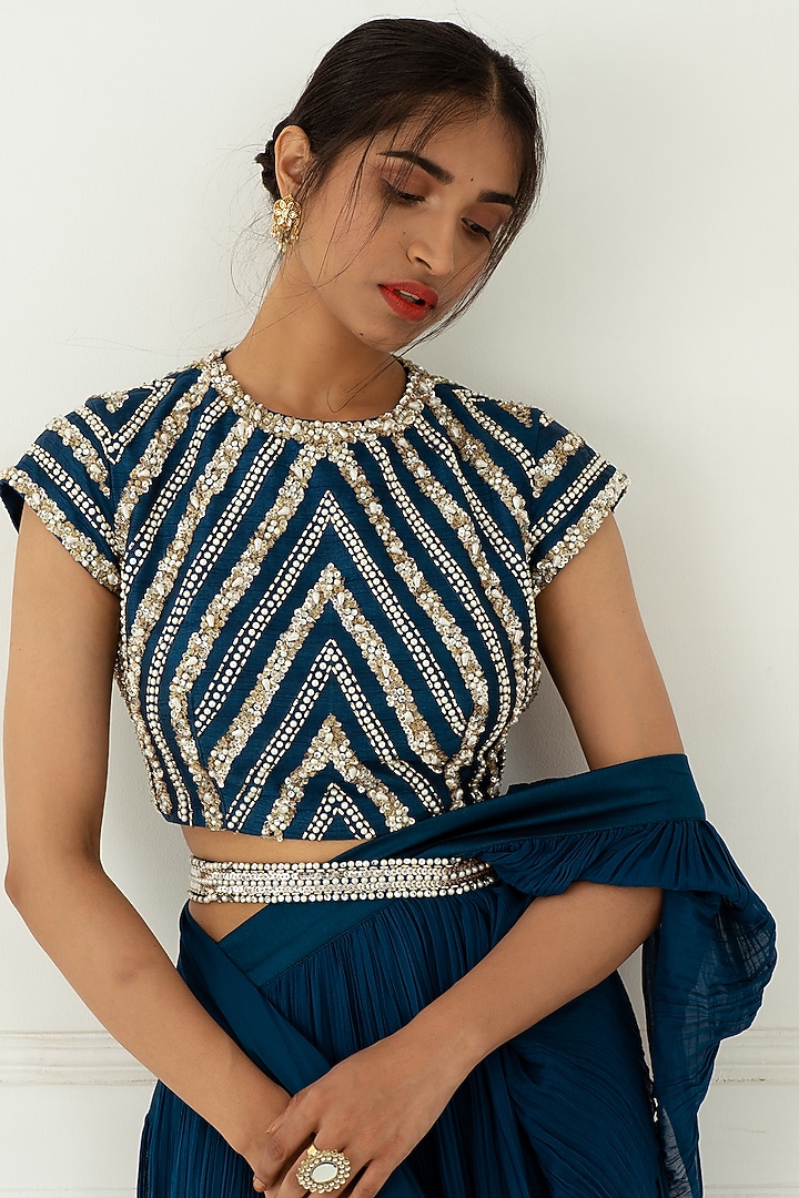 Teal Blue Draped Wedding Saree Set by Nidhika Shekhar at Pernia's Pop Up Shop