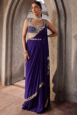 Purple Crepe Saree Set by nidhika shekhar