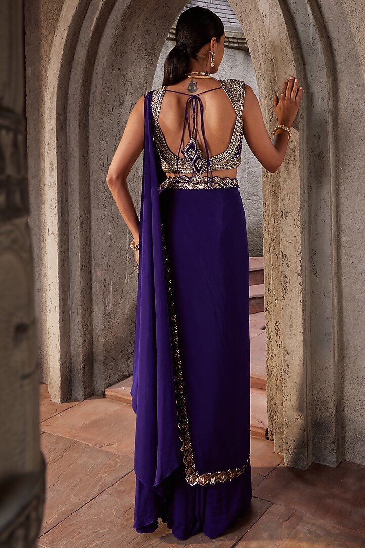 Purple Crepe Wedding Saree Set by Nidhika Shekhar at Pernia's Pop Up Shop