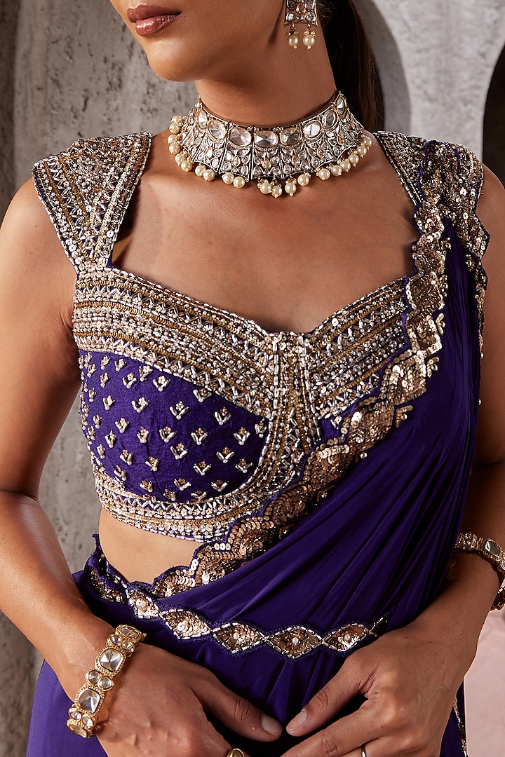 Purple Crepe Wedding Saree Set by Nidhika Shekhar at Pernia's Pop Up Shop