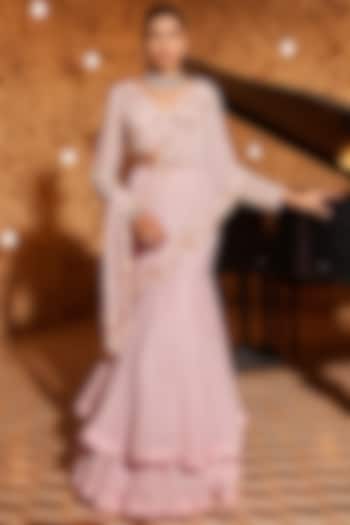 Strawberry Pink Foil Georgette Draped Wedding Saree Set by Nidhika Shekhar at Pernia's Pop Up Shop