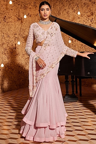 Strawberry Pink Foil Georgette Draped Saree Set by Nidhika Shekhar