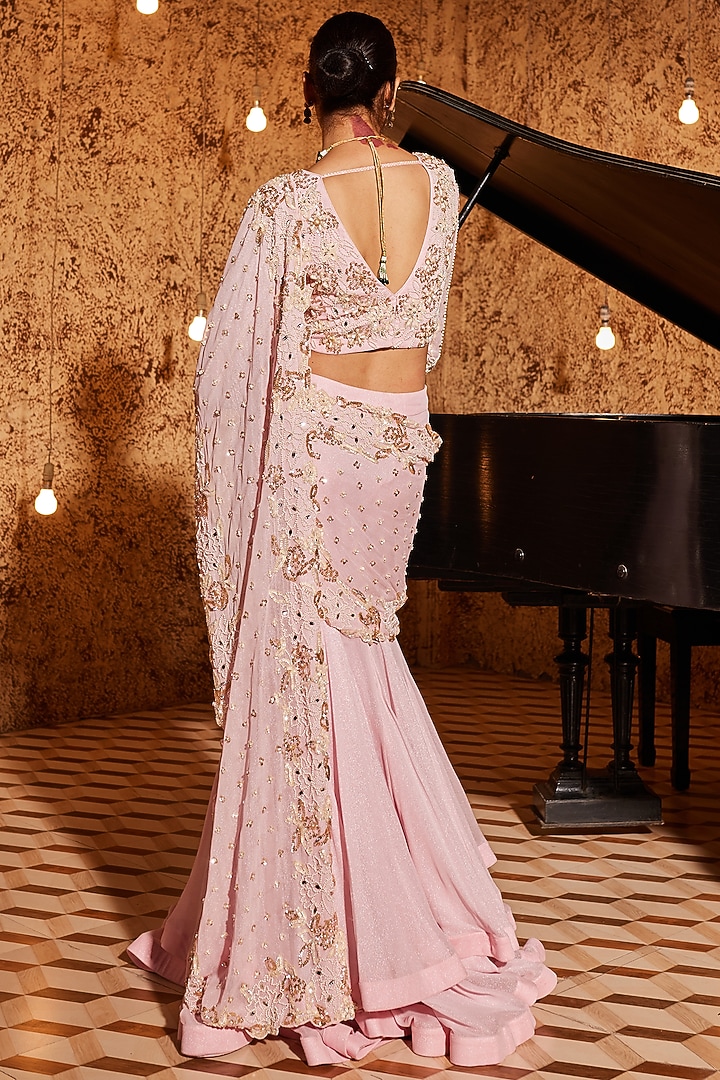 Strawberry Pink Foil Georgette Draped Wedding Saree Set by Nidhika Shekhar at Pernia's Pop Up Shop