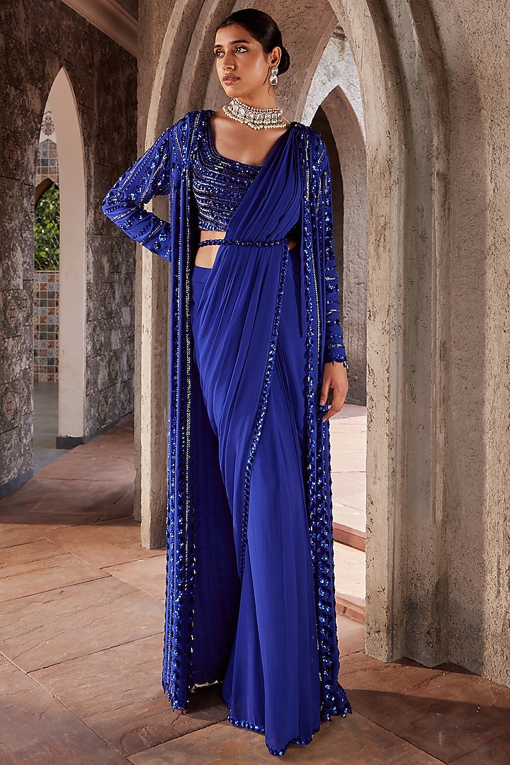 Blue Georgette Draped Jacket Saree Set Design by Nidhika Shekhar at ...