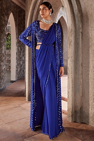 Blue Georgette Draped Jacket Saree Set by Nidhika Shekhar
