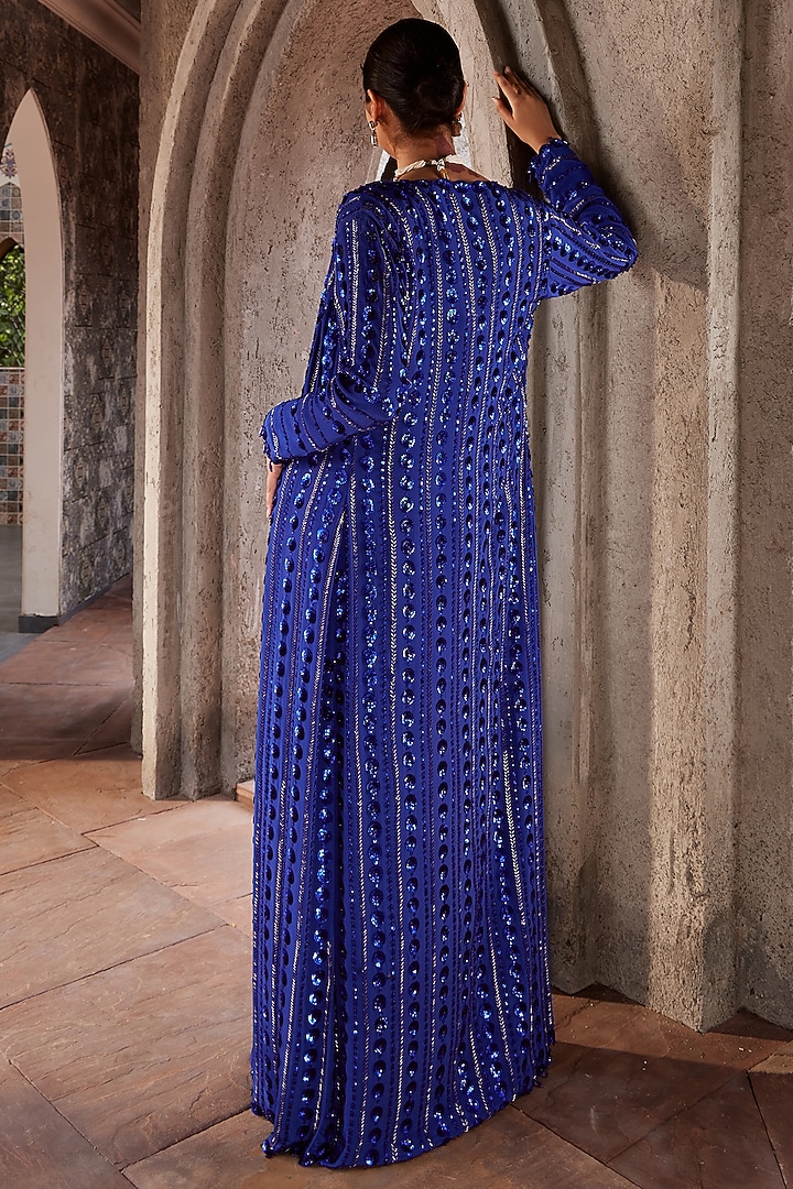 Blue Georgette Draped Jacket Wedding Saree Set by Nidhika Shekhar at Pernia's Pop Up Shop