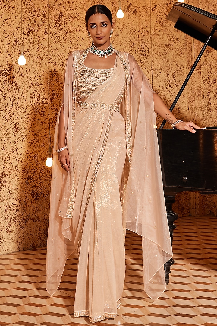 Champagne Organza & Silk Jacket Saree Set by Nidhika Shekhar