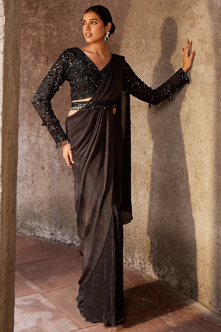 Black Pleated Fabric Draped Embroidered Saree Set by Nidhika Shekhar at Pernia's Pop Up Shop