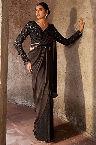 Black Pleated Fabric Draped Embroidered Saree Set by Nidhika Shekhar