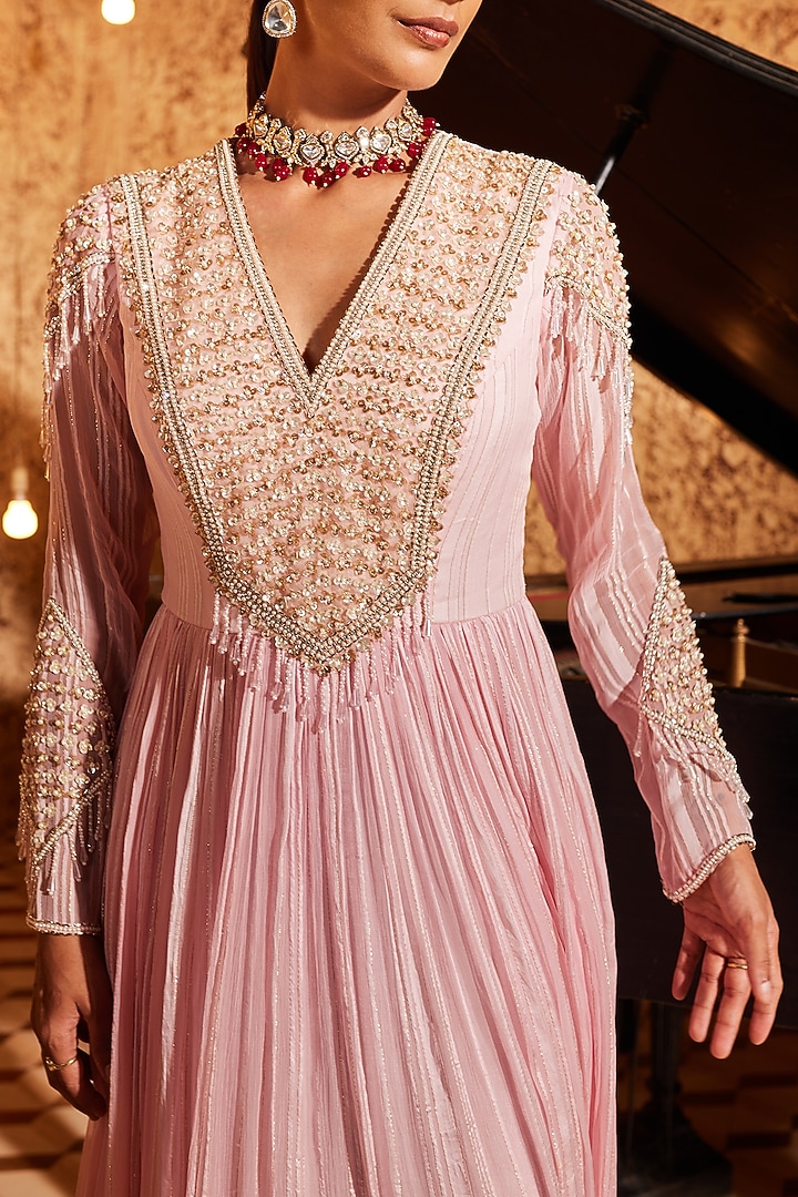 Strawberry Pink Organza & Foil Georgette Embroidered Wedding Anarkali Set by Nidhika Shekhar at Pernia's Pop Up Shop