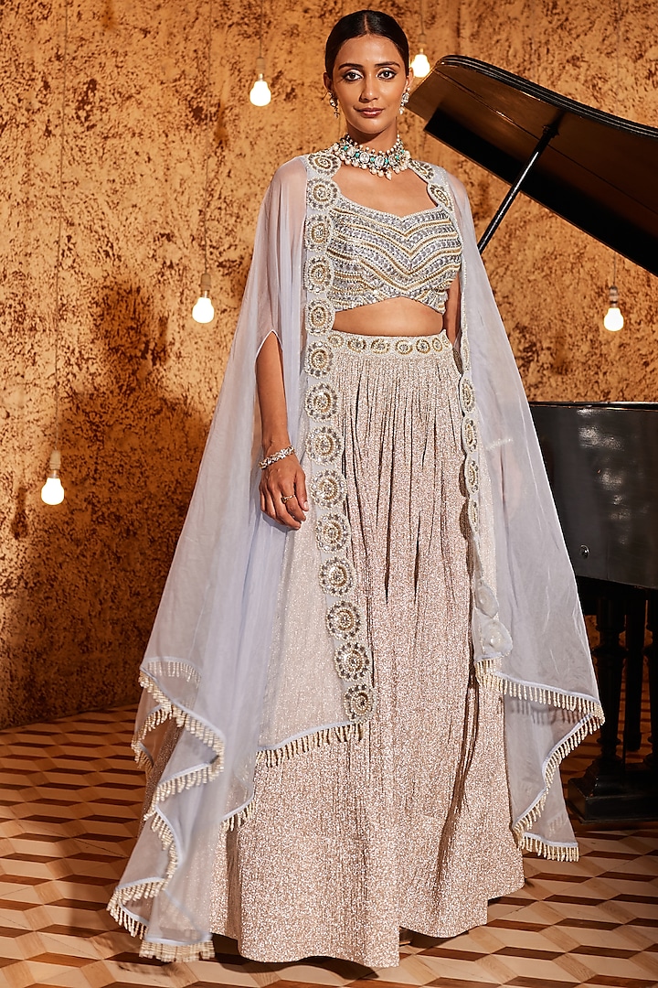 Aqua Crush Shimmer Embroidered Jacket Wedding Lehenga Set by Nidhika Shekhar at Pernia's Pop Up Shop