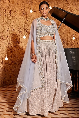 Aqua Crush Shimmer Embroidered Jacket Lehenga Set by Nidhika Shekhar