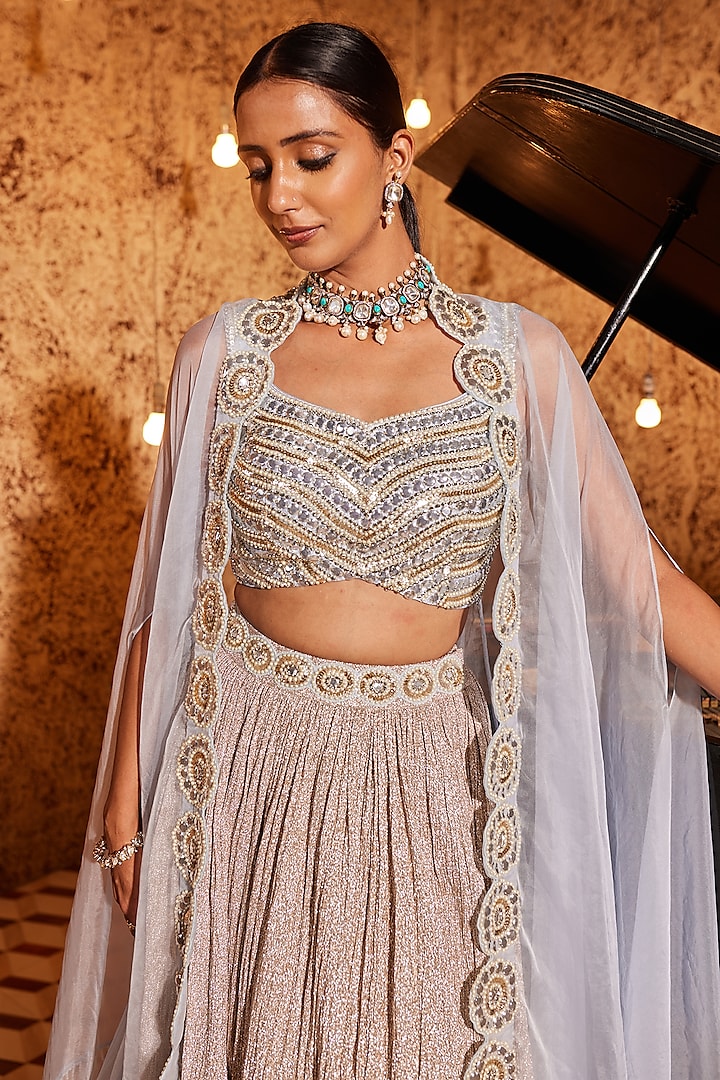 Aqua Crush Shimmer Embroidered Jacket Wedding Lehenga Set by Nidhika Shekhar at Pernia's Pop Up Shop