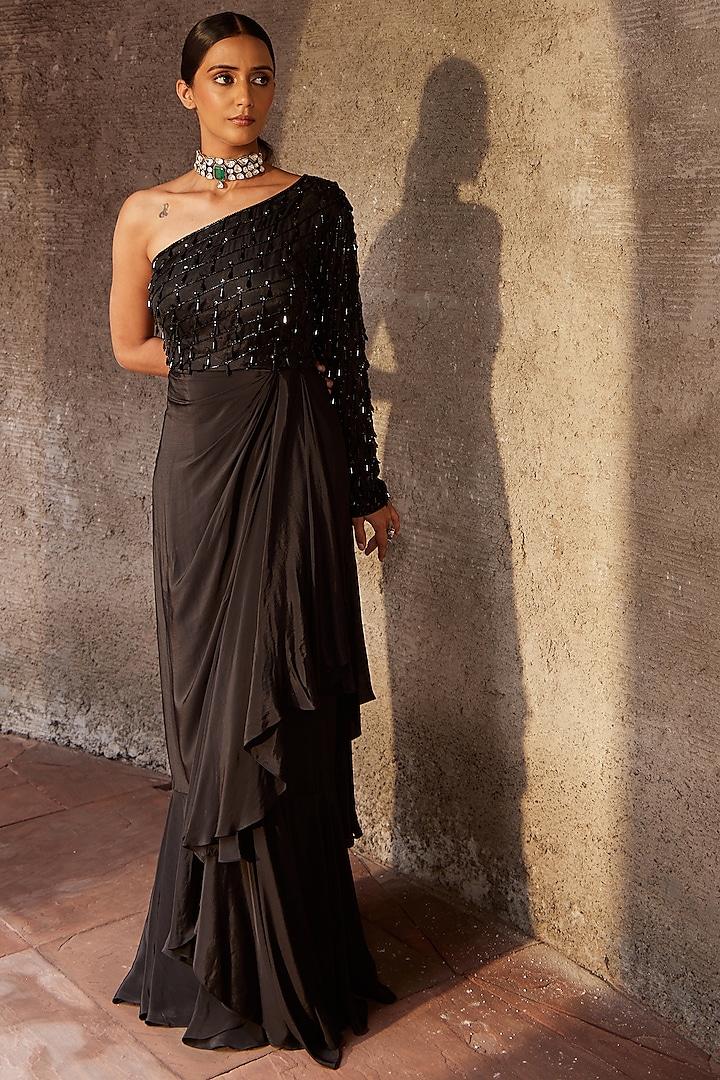 Black Organza & Crepe Embroidered One-Shoulder Gown by Nidhika Shekhar at Pernia's Pop Up Shop