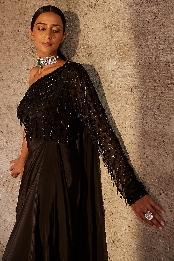 Black Organza & Crepe Embroidered One-Shoulder Engagement Gown by Nidhika Shekhar at Pernia's Pop Up Shop