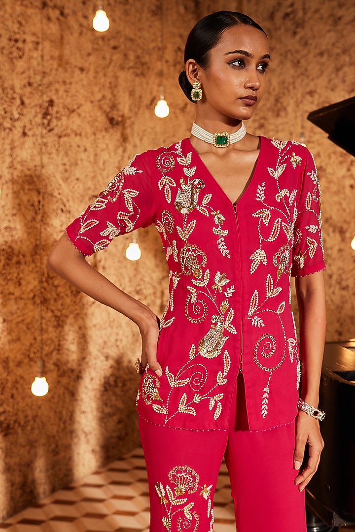 Hot Pink Georgette Floral Embroidered Jacket Set by Nidhika Shekhar at Pernia's Pop Up Shop
