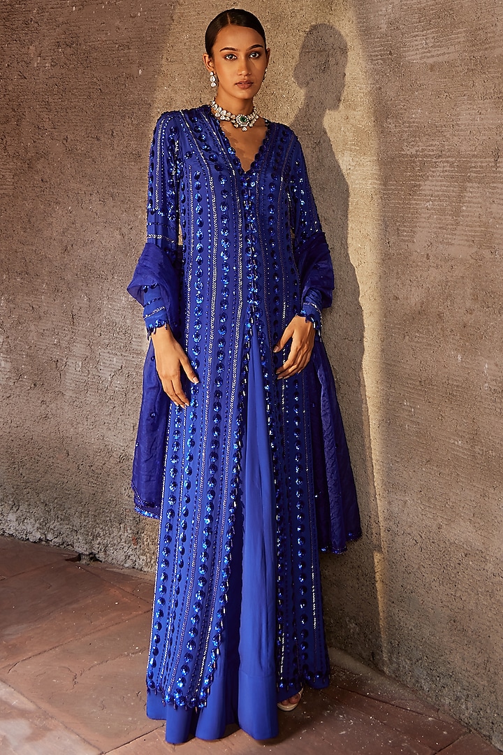 Blue Crepe Jacket Wedding Lehenga Set by Nidhika Shekhar at Pernia's Pop Up Shop