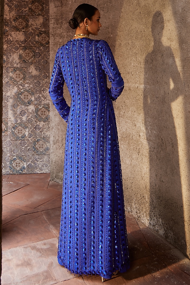 Blue Crepe Jacket Wedding Lehenga Set by Nidhika Shekhar at Pernia's Pop Up Shop