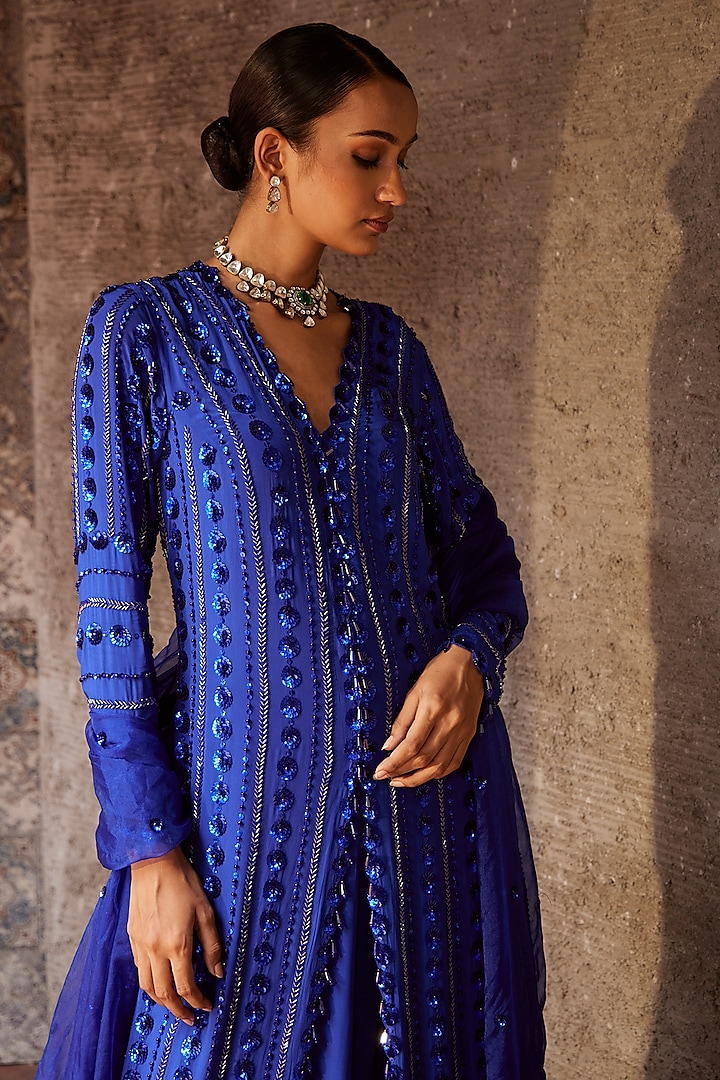 Blue Crepe Jacket Wedding Lehenga Set by Nidhika Shekhar at Pernia's Pop Up Shop
