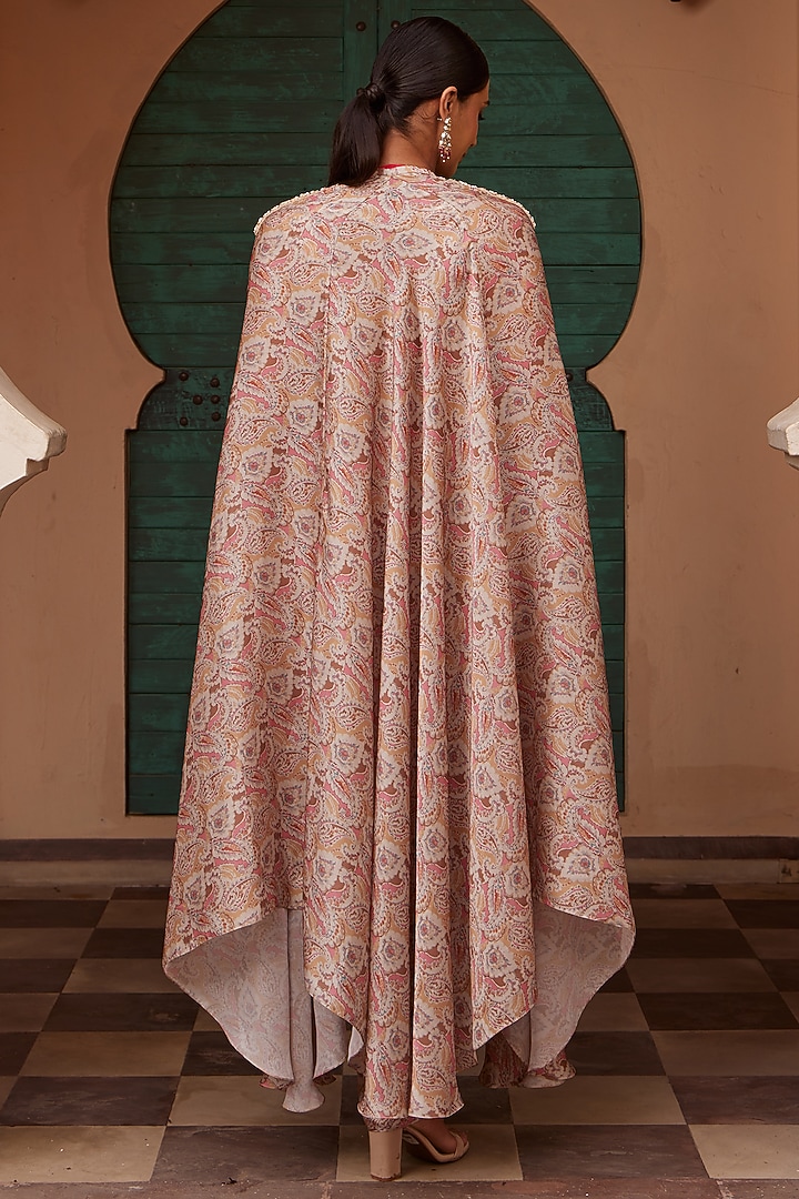 Beige Modal Printed & Embroidered Cape Set by Nidhika Shekhar at Pernia's Pop Up Shop