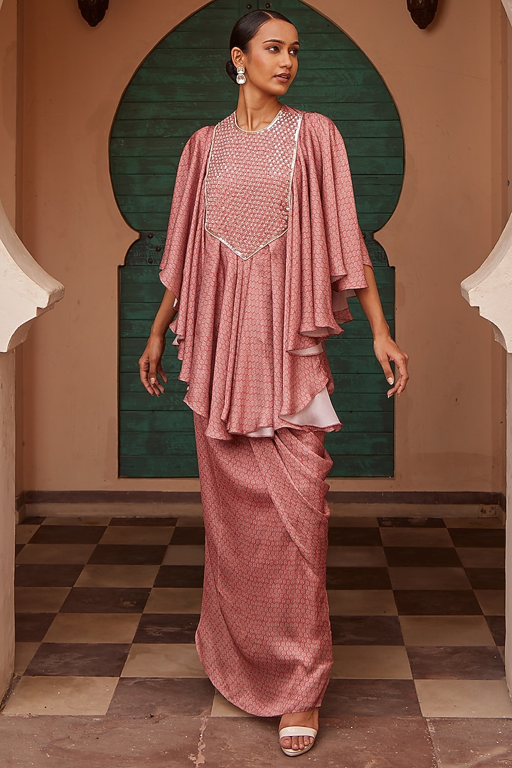 Pink Modal Printed Cowl Skirt Set by Nidhika Shekhar at Pernia's Pop Up Shop