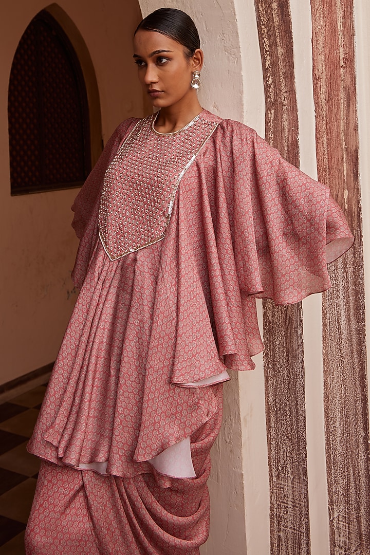Pink Modal Printed Cowl Skirt Set by Nidhika Shekhar at Pernia's Pop Up Shop