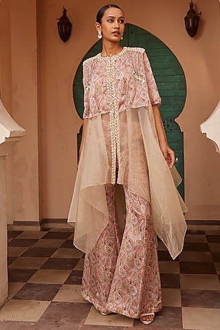 Beige Modal Printed Asymmetric Draped Kurta Set by Nidhika Shekhar