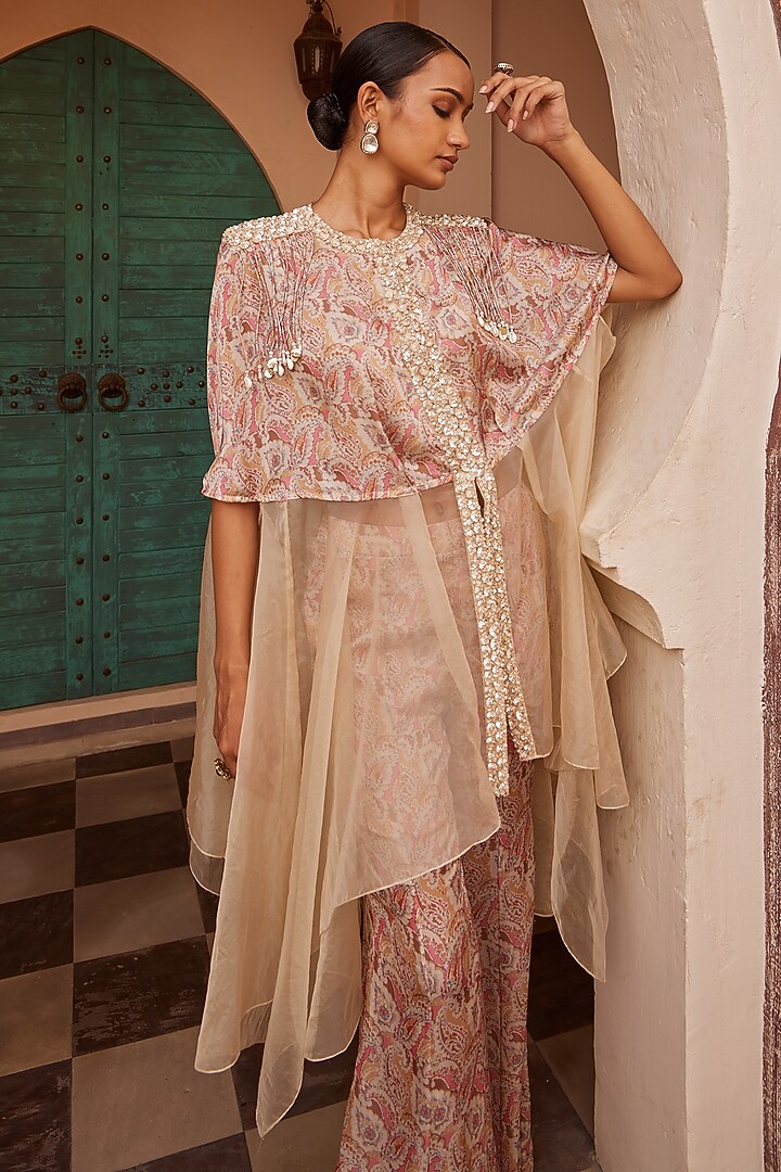 Beige Modal Printed Asymmetric Draped Kurta Set by Nidhika Shekhar at Pernia's Pop Up Shop
