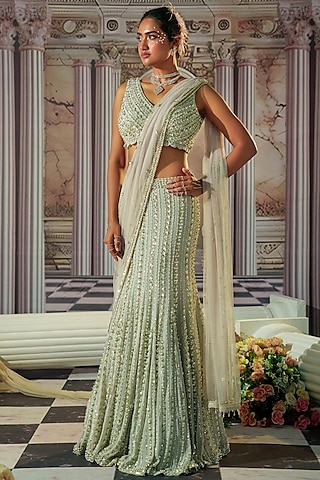 Celestial Silver Grey Georgette Bead & Sequins Embroidered Lehenga Set by Nidhika Shekhar