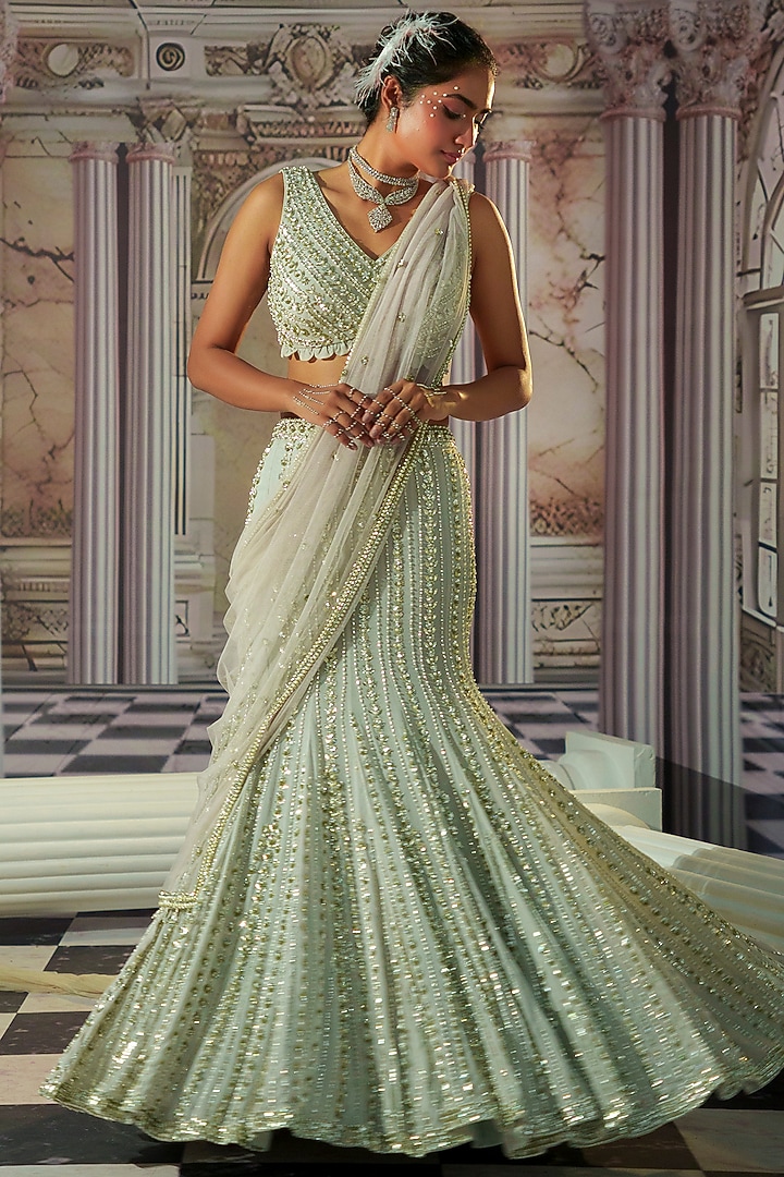 Celestial Silver Grey Georgette Bead & Sequins Embroidered Wedding ...