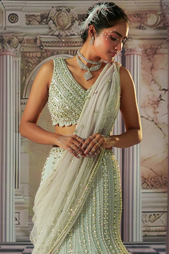 Celestial Silver Grey Georgette Bead & Sequins Embroidered Wedding Lehenga Set by Nidhika Shekhar at Pernia's Pop Up Shop