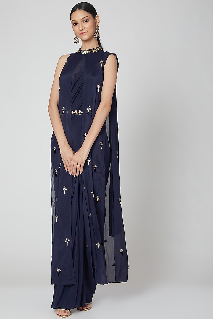 Navy Blue Pre-Stitched Draped Saree Set by Nidhika Shekhar