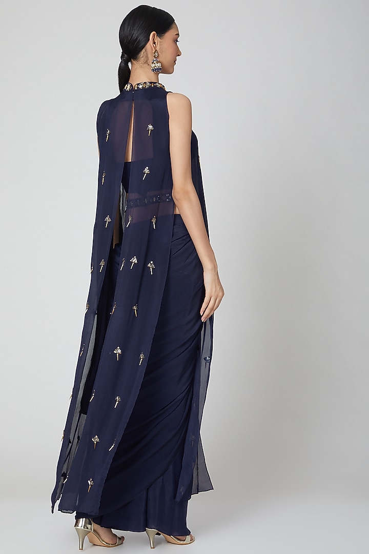 Navy Blue Pre-Stitched Draped Wedding Saree Set by Nidhika Shekhar at Pernia's Pop Up Shop