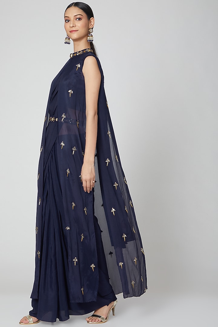Navy Blue Pre-Stitched Draped Wedding Saree Set by Nidhika Shekhar at Pernia's Pop Up Shop