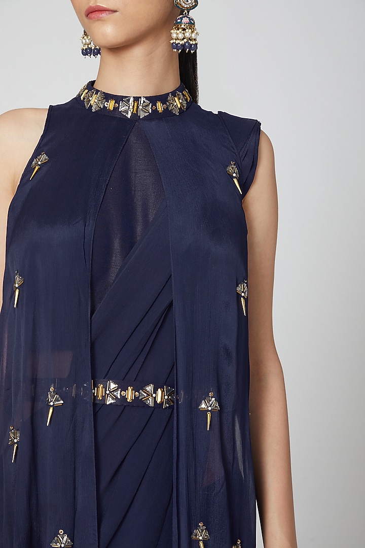 Navy Blue Pre-Stitched Draped Wedding Saree Set by Nidhika Shekhar at Pernia's Pop Up Shop